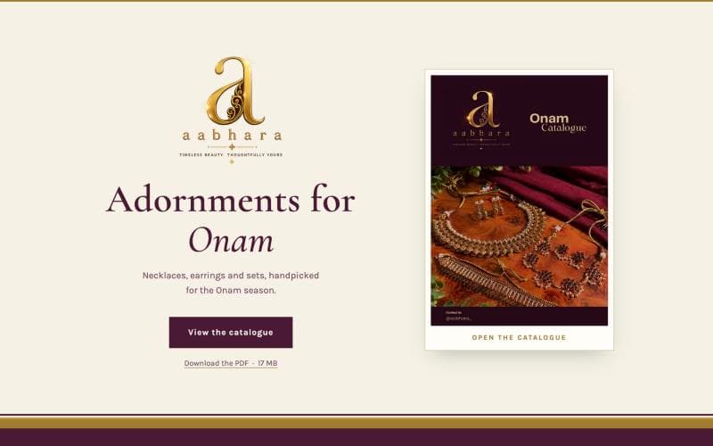 Aabhara homepage: cream page, gold logo, headline Adornments for Onam, catalogue cover on the right