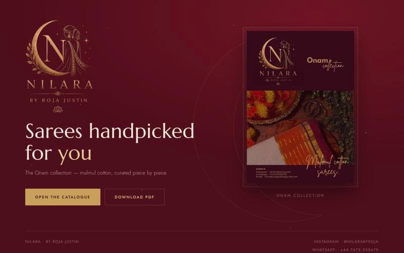 Nilara homepage: a deep red page with a gold moon logo and the headline Sarees handpicked for you